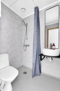 a bathroom with a toilet and a sink and a mirror at Lille Hotell in Arendal