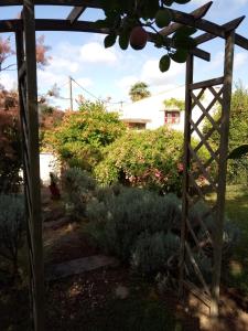 un jardin avec une pergola en bois et des plantes dans l'établissement Les gîtes du veau d'or, à Ozillac