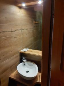 La salle de bains est pourvue d'un lavabo blanc et d'un miroir. dans l'établissement casa claudio-APPARTAMENTI IN CENTRO, à Campitello di Fassa