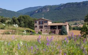 una casa en una colina con un campo con flores púrpuras en Casa Cal Saboya, en L'Espunyola