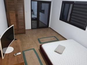 ein Schlafzimmer mit einem Bett, einem Spiegel und einem TV in der Unterkunft Casa Gabriela Corbu in Corbu