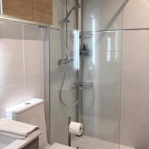 W łazience znajduje się prysznic ze szklanymi drzwiami. w obiekcie Chambres d'hôtes Chez Thierry w mieście Saint-Laurent-dʼAigouze