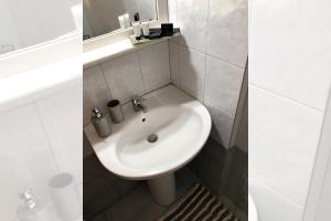 uma casa de banho com um lavatório branco e um espelho. em Tree of Life Resort em Ofrínion