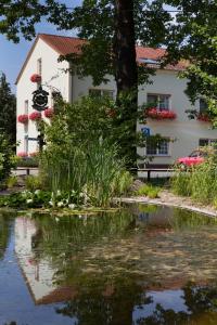 a house with a pond in front of a building at Hotel & Gasthaus Zum Eichenkranz in Luckenwalde