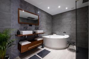 uma casa de banho com uma banheira, um lavatório e um espelho. em Magnifique Loft , Proche Métro Lille em Croix