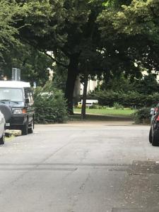 une camionnette blanche garée dans une rue arborée dans l'établissement kuscheliges Marburg, à Marbourg