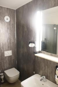 een badkamer met een toilet, een wastafel en een spiegel bij Hotel & Gasthaus Zum Eichenkranz in Luckenwalde