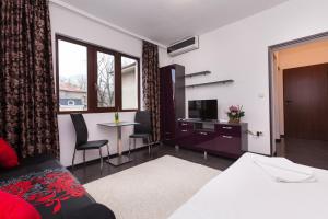 ブルガスにあるCentral Beach GUEST ROOMSのベッドとテーブルとテレビがあるホテルの部屋