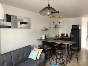 a living room with a couch and a kitchen at Le Cocon Gambetta in Reims