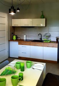 a kitchen with a table with green bowls on it at Agro Relax Nowodwór 2 in Nowodwór +17 photos