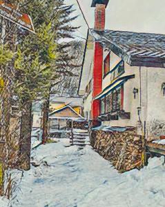 a drawing of a house in the snow at Guest House Wind Inn Hakuba in Hakuba