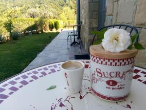 a cup of coffee and a flower on a table at Boomerang Guest House in Apriltsi +51 photos