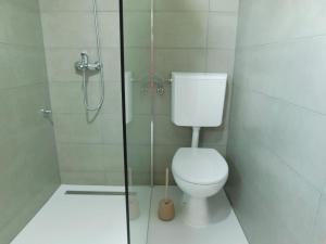 a bathroom with a toilet and a glass shower stall at Kristalni Slap Kravice in Ljubuški