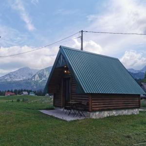 a cabin with a green roof in a field at Bosaca in Žabljak