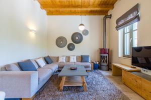 a living room with a couch and a tv at Villa Skyphos in Ammoudari