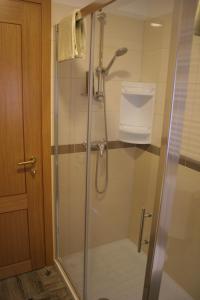 a bathroom with a shower with a glass door at Apartments Jez in Slap ob Idrijci