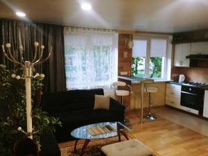 a living room with a black couch and a kitchen at Apartamentai Dana in Birštonas