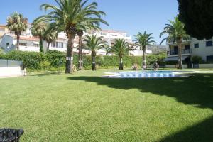 a park with palm trees and a swimming pool at Apartamentos Porta Mediterranea in Alcossebre