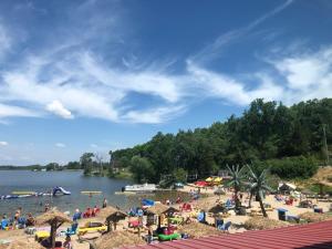 un gruppo di persone su una spiaggia con un corpo d'acqua di Tiki Beach Condo 1 a Campbellsport