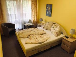 een slaapkamer met een bed en een stoel bij Penzion Nový mlýn in Staré Splavy