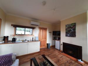 uma sala de estar com uma cozinha e uma lareira em Ruby's Cottage Farm Stay em Port Arthur