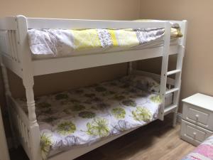 a white bunk bed with a dog sleeping on the bottom bunk at Walkers Lodge in Broadford