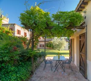 eine Terrasse mit einem Tisch und Stühlen unter einer Pergola in der Unterkunft Fonte Sala in Montefalco