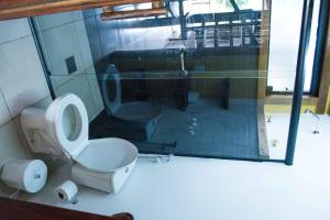 a bathroom with a toilet and a sink at Chalé Dom Quixote in São Pedro