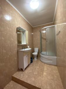 a bathroom with a sink and a shower and a toilet at Людмила in Chornomorsk +22 photos
