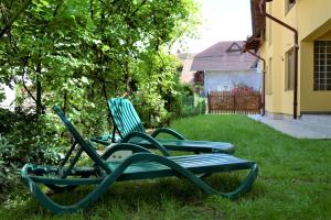 two lawn chairs sitting in the grass in a yard at Rozsi Mama in Sovata