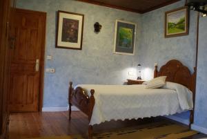 sypialnia z łóżkiem w pokoju z niebieskimi ścianami w obiekcie Posada El Mirador w mieście Lavín