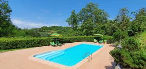 una piscina con sillas y sombrillas en un patio en Agriturismo Il Burlino Apartments, en Lerma