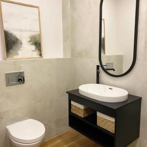 łazienka z toaletą, umywalką i lustrem w obiekcie Apartament Happy Loft MF w mieście Giżycko