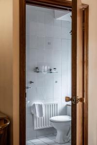 Baño blanco con aseo y lavamanos en Holiday Hotel en Galway