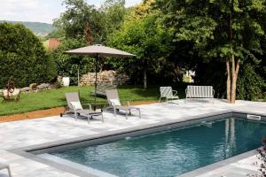 uma piscina com cadeiras e um guarda-sol em Maison d'hôtes & SPA La Scierie em Salins-les-Bains