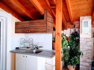 uma cozinha com um lavatório e um tecto de madeira em House with Wonderful View em Cálcis