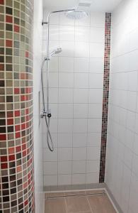 ホーンシュタインにあるFerienhaus Krawulskiのバスルーム(ガラスドア付きのシャワー付)
