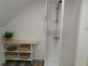 a bathroom with a shower and a table with baskets at Polne Zacisze in Lgiń