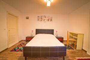 a bedroom with a bed and a desk and a chair at Casa Marica in Ceahlău