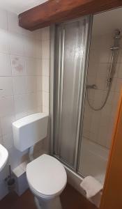 een witte badkamer met een toilet en een douche bij Gasthaus "Zur Linde" in Harzgerode