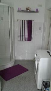 a small bathroom with a toaster and a shower at Ferienhaus HCR Grimmen in Grimmen +31 photos