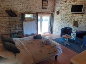 1 dormitorio con 1 cama, 2 sillas y TV en gîte le tilleul de la Fontaine en Alluy