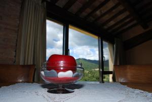 uma taça de vidro com uma maçã vermelha sentada numa mesa em Castell de Riudabella em Vimbodí