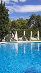 una gran piscina con agua azul y árboles en Hôtel Villa Glanum et Spa, en Saint-Rémy-de-Provence