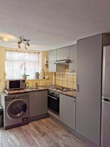 a kitchen with a washer and a sink and a dishwasher at Palaz 1 - 2 Bedroom Garden Flat in Edmonton