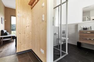 a bathroom with a glass shower and a toilet at Water, Ski & Mountain Lodge in Kiefersfelden
