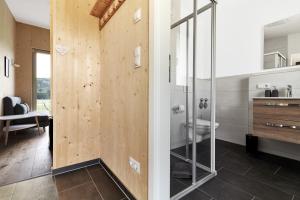 bagno con doccia in vetro e servizi igienici di Water, Ski & Mountain Lodge a Kiefersfelden