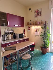 a kitchen with purple cabinets and a table and a plant at Casa dell amore 1 in Sanremo
