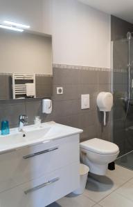 a bathroom with a white sink and a toilet at Hôtel Juantorena in Saint-Étienne-de-Baïgorry