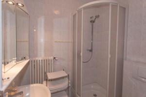 een badkamer met een douche, een toilet en een wastafel bij Ferienwohnungen Beyer in Binz +18 foto's